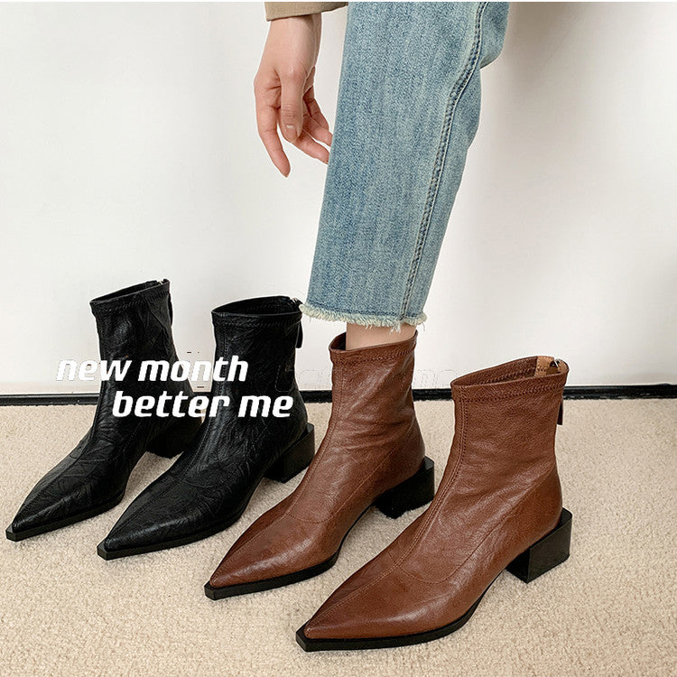 Karin Luna Elegant Style Pointed Toe Chunky Heel Short Boots