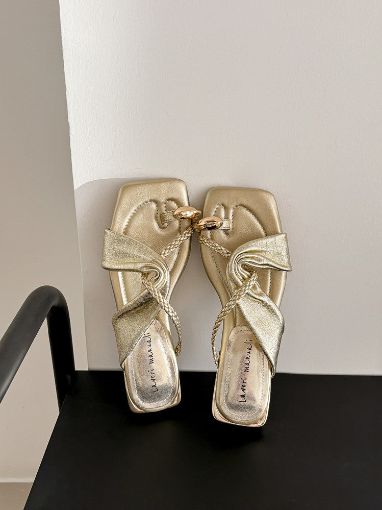 Karin Luna  Square Toe Braided Cross Thick Heel Flat Slippers