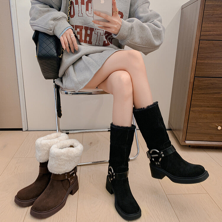 Karin Luna Genuine Lamb Wool and Cowhide Leather Hot-selling Metal Buckle Round Toe Chunky Heel Main Push Main Push