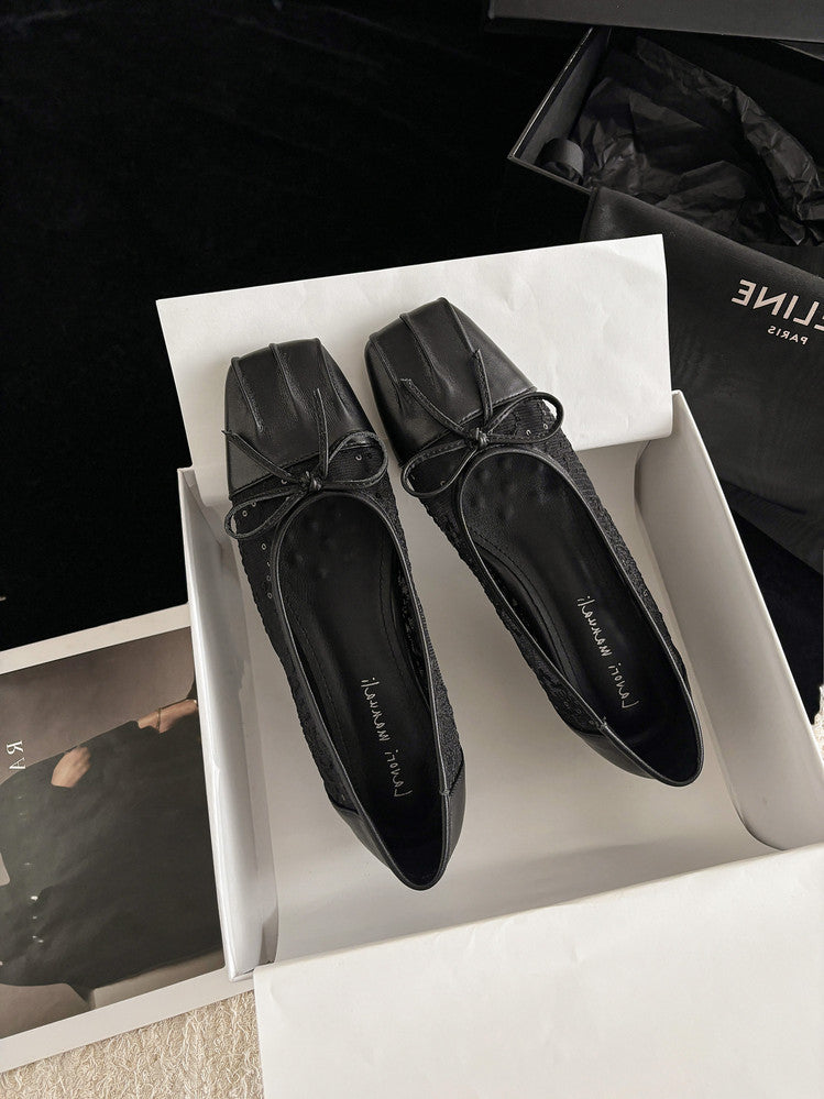 Karin Luna In Stock In Stock  Wrinkled Square Toe Patchwork Breathable Mesh Bow Granny Shoes