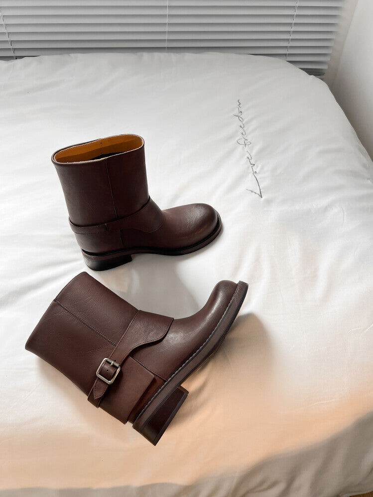 Karin Luna Belt Buckle Chunky Heel Fashion Short Boots
