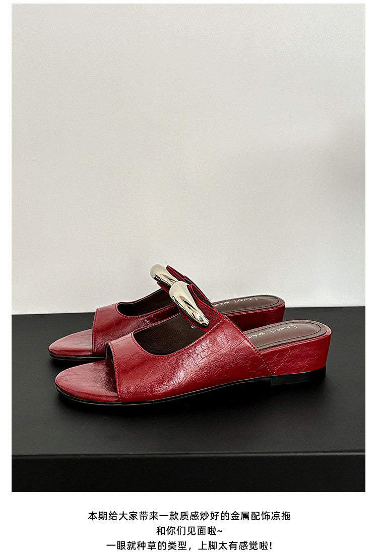 Karin Luna In Stock Spot Goods  Metal Buckle Round Toe Strap Slippers