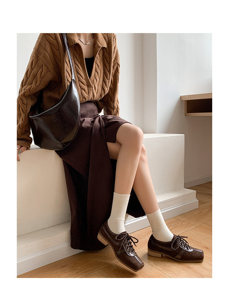 Karin Luna In Stock Spot Goods   Pig Nose Thin Strap Square Toe Patchwork Single Shoes