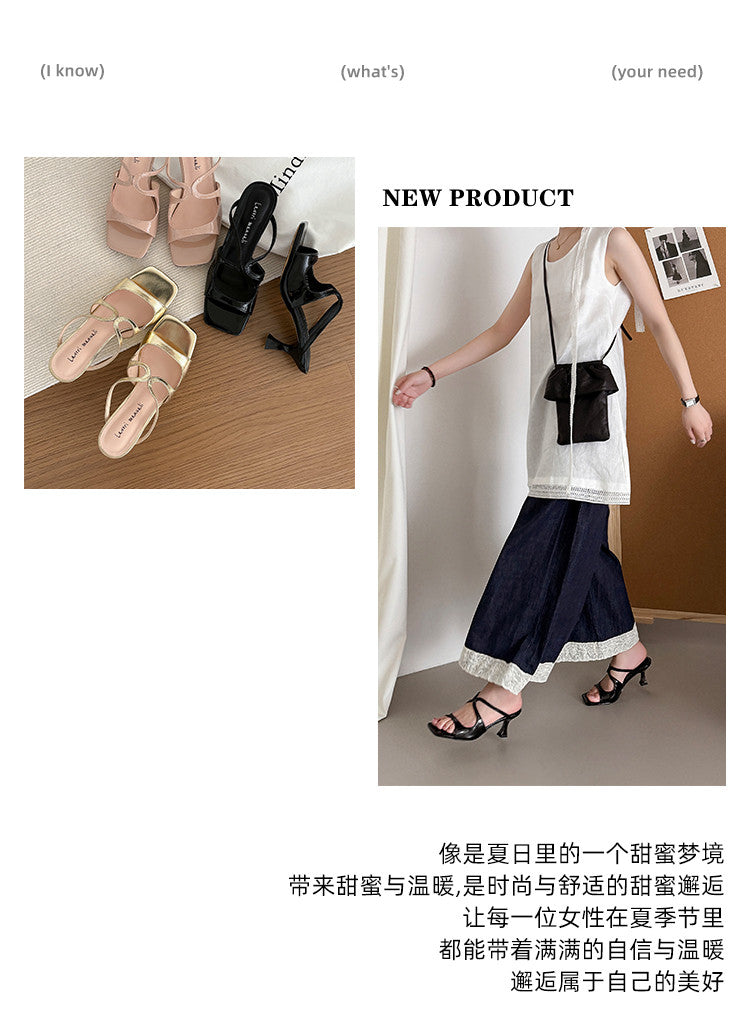 Karin Luna French Retro Square Toe Wrap Strap Open-Toe Slippers