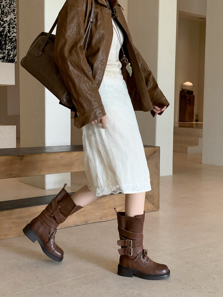 Karin Luna Bestseller Hot-Selling Large Tube Leather Belt Buckle Round Toe Thick-Soled Short Boots