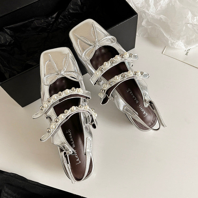 Karin Luna In Stock In Stock  Square Toe Bowknot Pearl Strap Closed-Toe Sandals