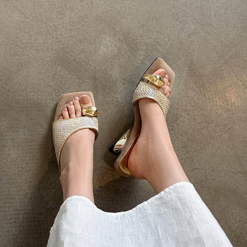 Karin Luna Fish Skin Series~Minimalist Square Toe Popular Irregular Heel Slippers