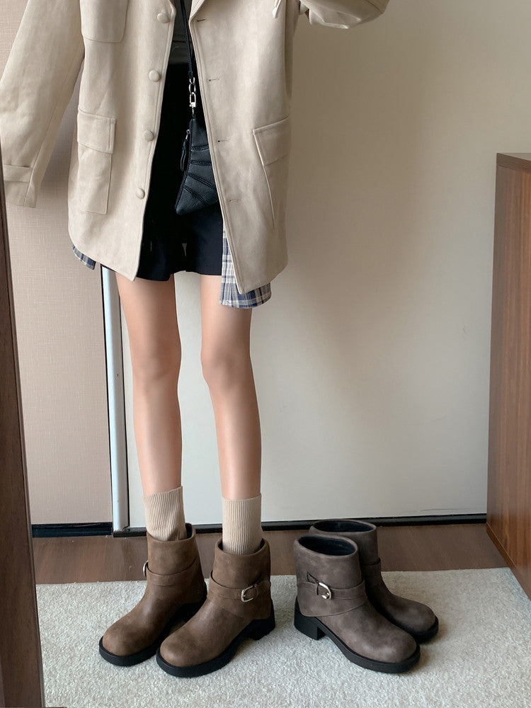 Karin Luna In Stock Spot Goods Versatile Basic Round Toe Belt Buckle Thick Sole Tube Boots