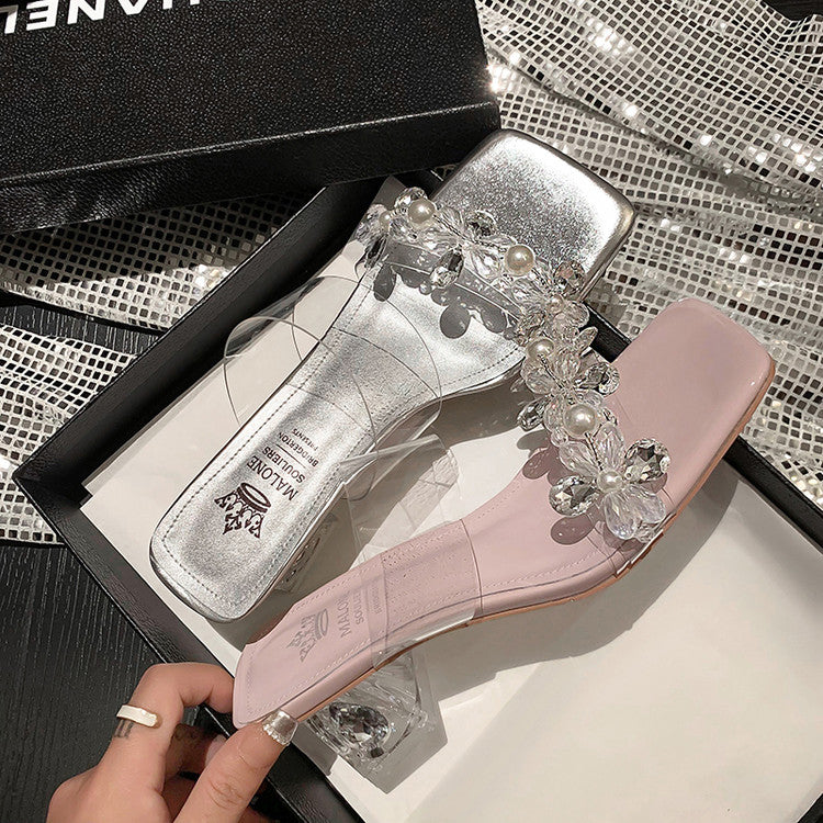 Karin Luna In Stock Spot Goods  Always in stock Square Toe Sweet Rhinestone Crystal Heel Slippers