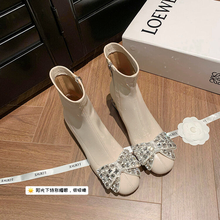 Karin Luna In Stock   Rhinestone Bow Thick Heel Slim Boots
