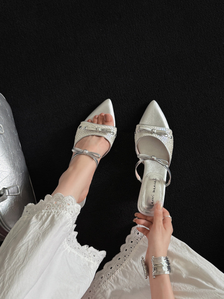 Karin Luna Fish Skin Series~Pointed Toe Irregular Heel Bowknot Strap Slippers