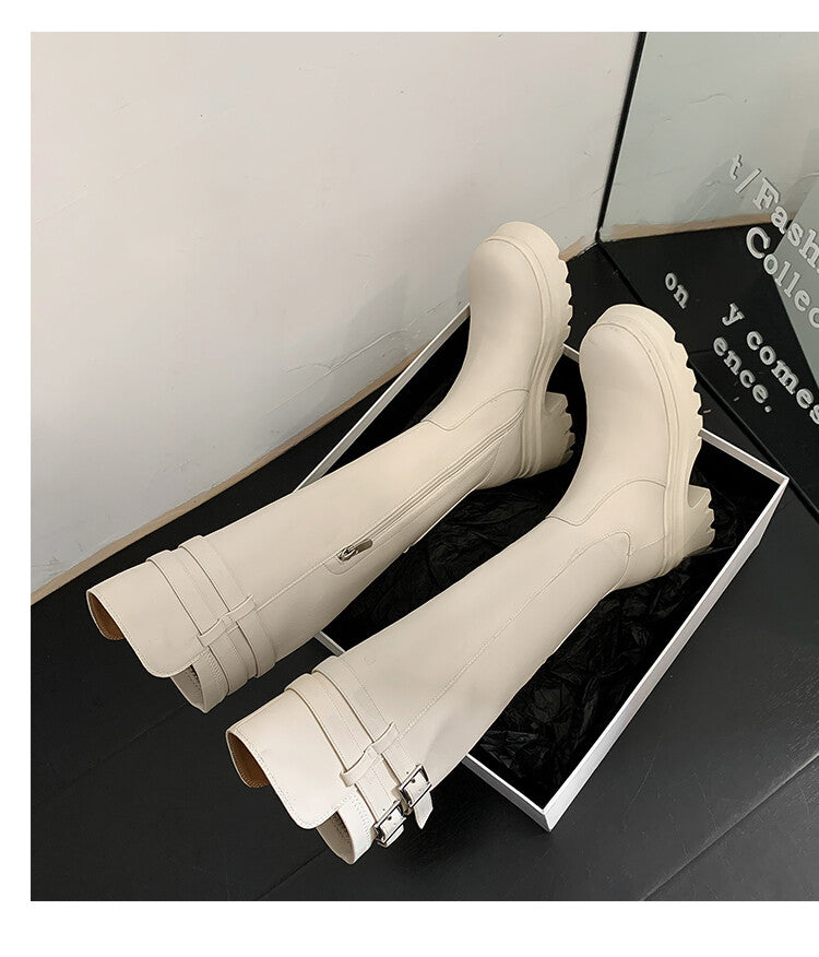 Karin Luna In Stock  Round Toe Thick Sole Casual Belt Buckle Long Boots