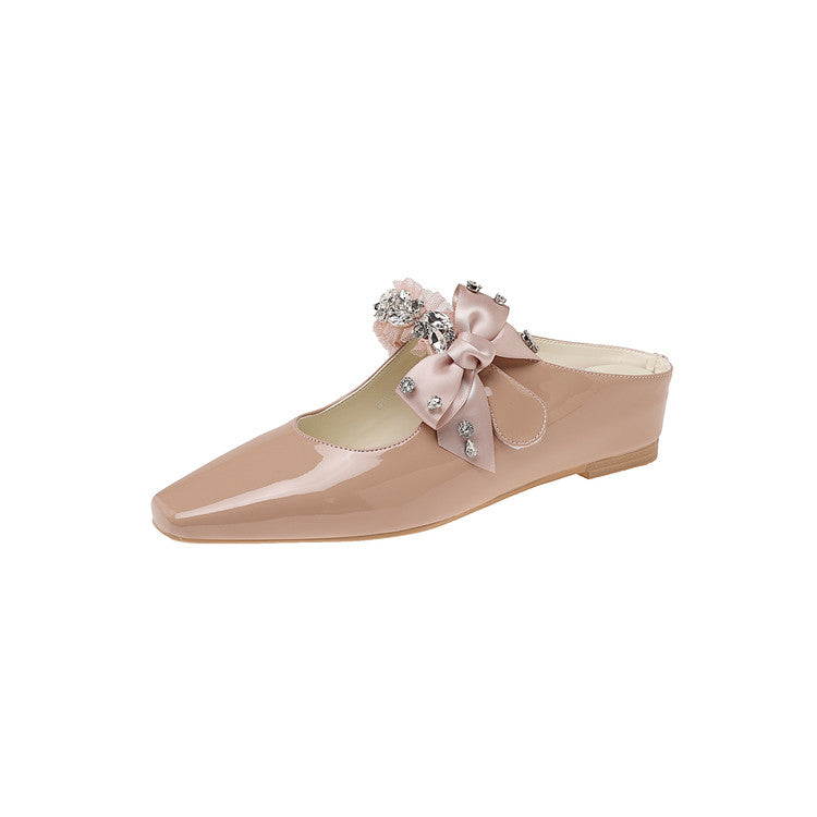 Karin Luna Handmade One-Strap Rhinestone Ribbon Square-Toe Mules