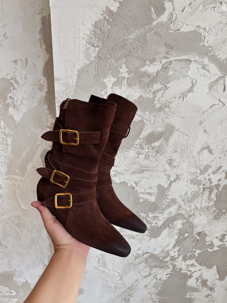 Karin Luna Cow Leather Small Square Toe Belt Buckle Fashion Boots
