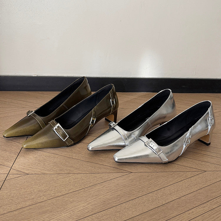 Karin Luna In Stock In Stock Retro Belt Buckle Small Square Toe Chunky Heel Single Shoes