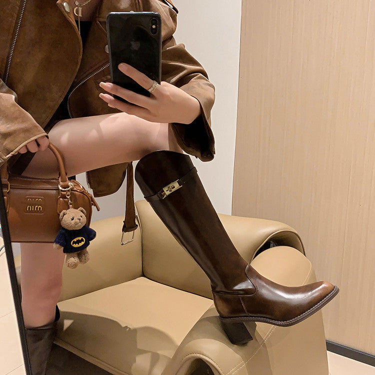 Karin Luna In Stock Spot Goods  Elegant Series~Pointed Toe Chunky Heel Metal Buckle Popular Style Riding Boots