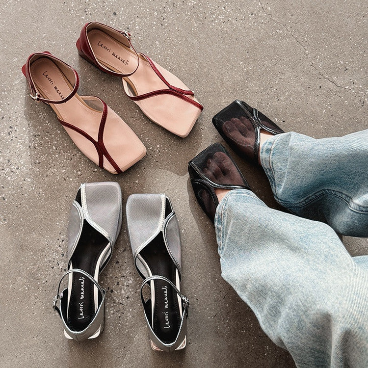 Karin Luna In Stock In Stock  Internet Celebrity Style Square Toe Mesh Chunky Heel Sandals