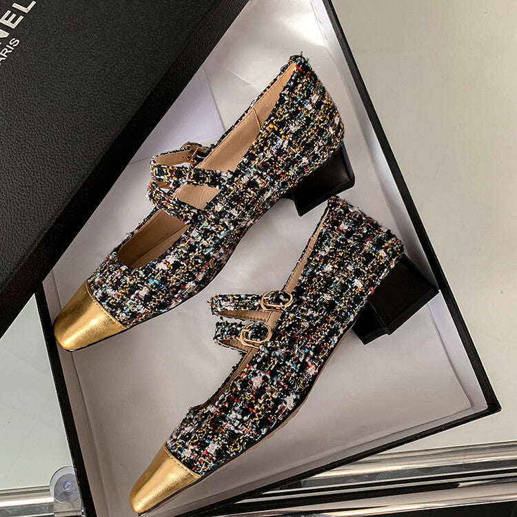 Karin Luna Classic Chanel Style~ Tweed Spring Limit Square Toe Chunky Heel Mary Jane Strap Single Shoes