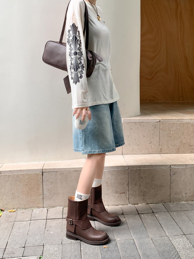 Karin Luna Belt Buckle Chunky Heel Fashion Short Boots