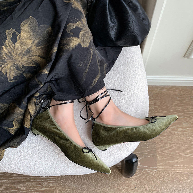 Karin Luna In Stock In Stock Retro Velvet Pointed Toe Bowknot Single Shoes