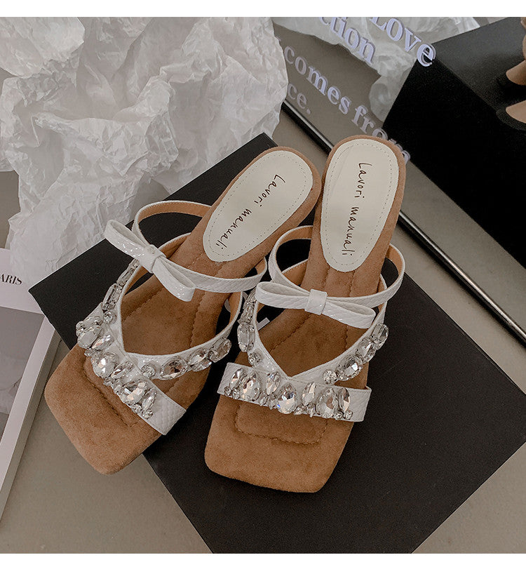Karin Luna In Stock In Stock  Square Toe Rhinestone Bow Suede Slippers
