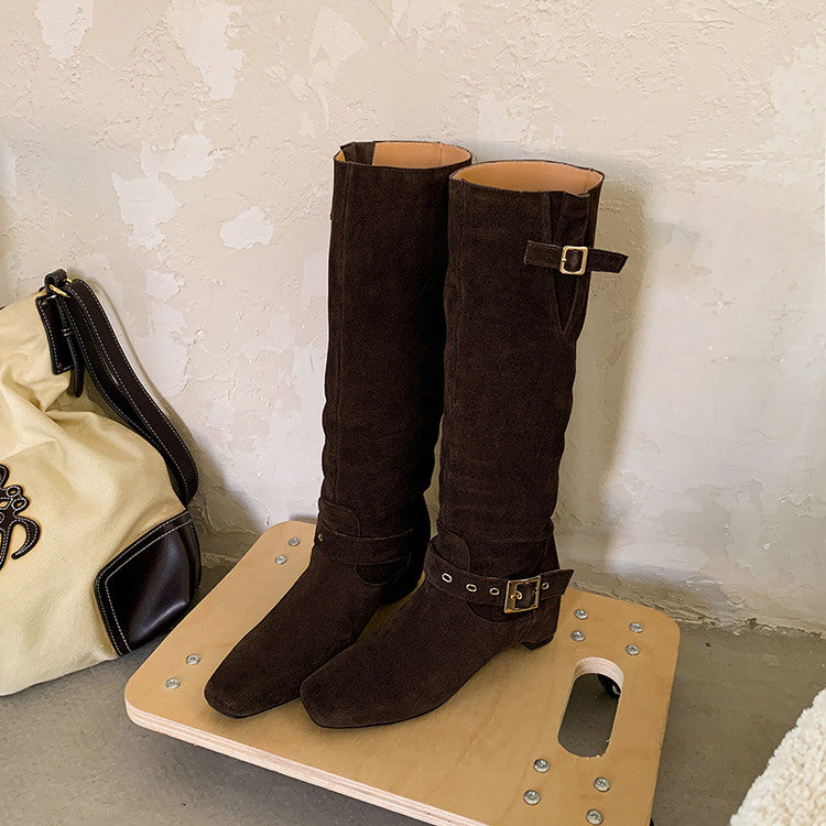 Karin Luna Data Model Belt Buckle Matte Square Toe Hidden Wedge Slouch Western Boots
