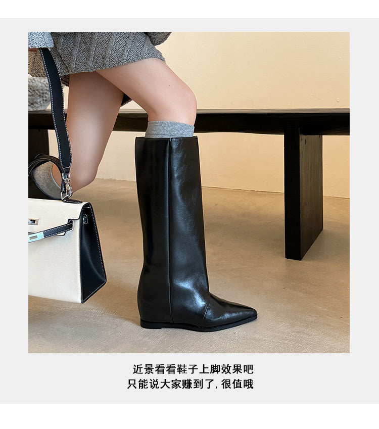 Karin Luna Elegant Style Pointed Toe Internal Height Increase Slip-On Long Boots