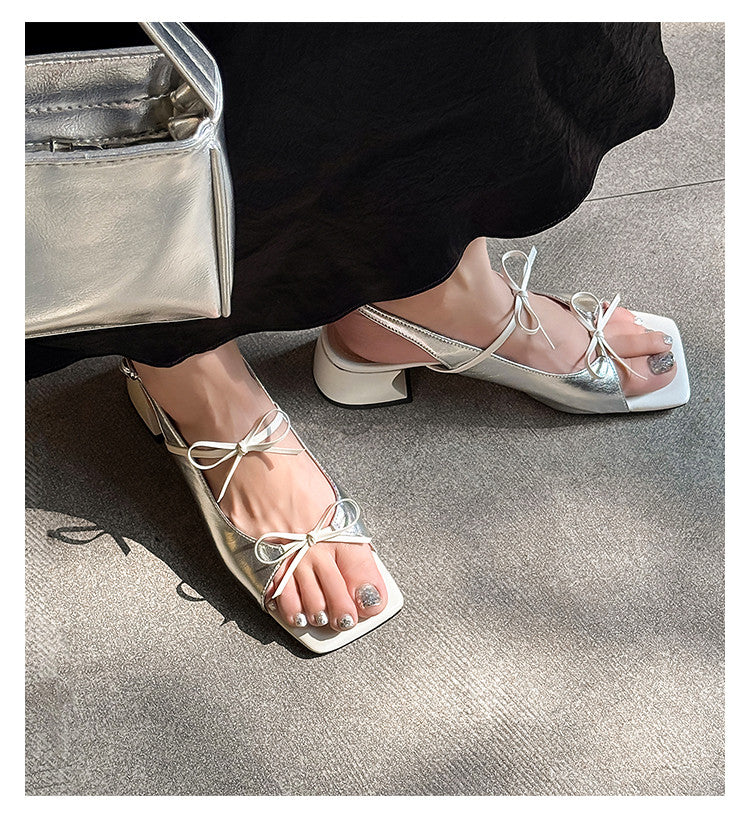 Karin Luna In Stock Spot Goods Square Toe Double Bow Thick Heel Sandals