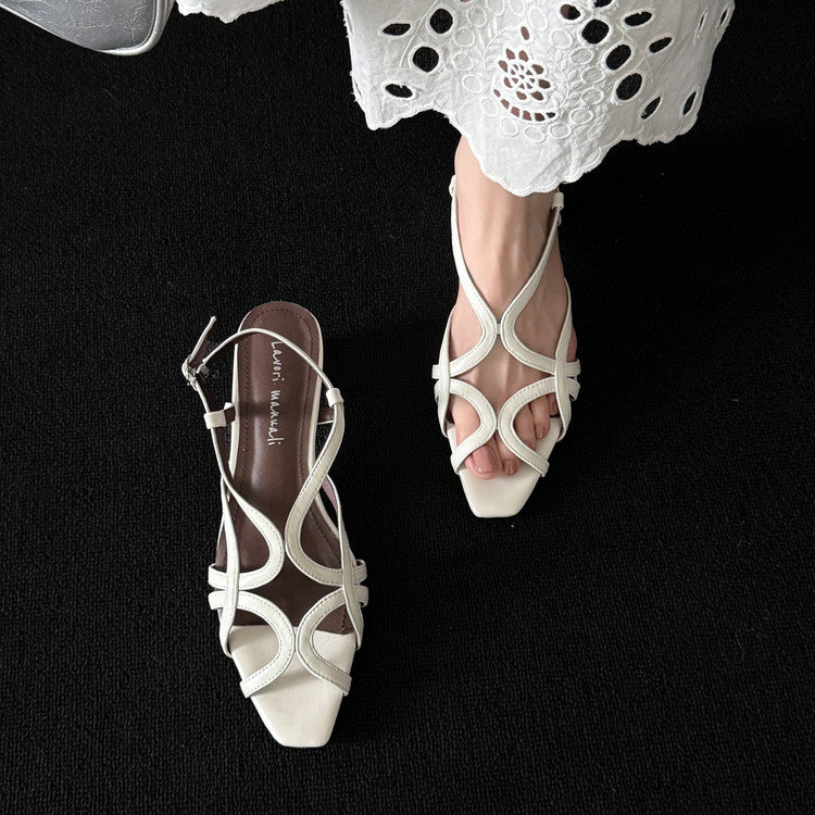 Karin Luna French Hollow Style Small Square Toe Chunky Heel Sandals