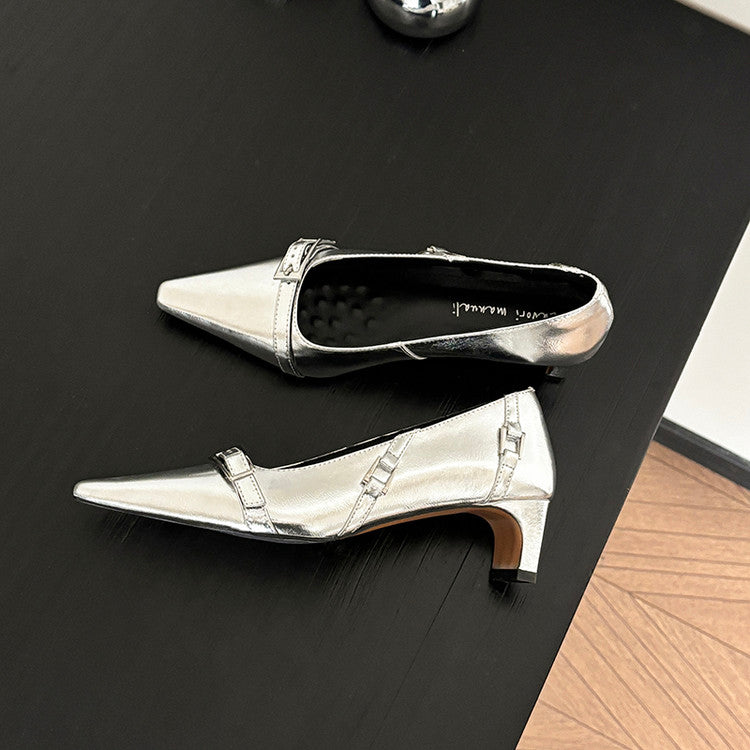 Karin Luna In Stock In Stock Retro Belt Buckle Small Square Toe Chunky Heel Single Shoes