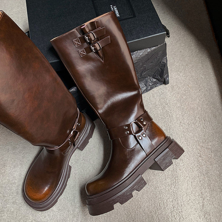 Karin Luna In Stock In Stock  Classic Casual Style Belt Buckle Thick Sole Round Toe Knight Boots Thick Sole