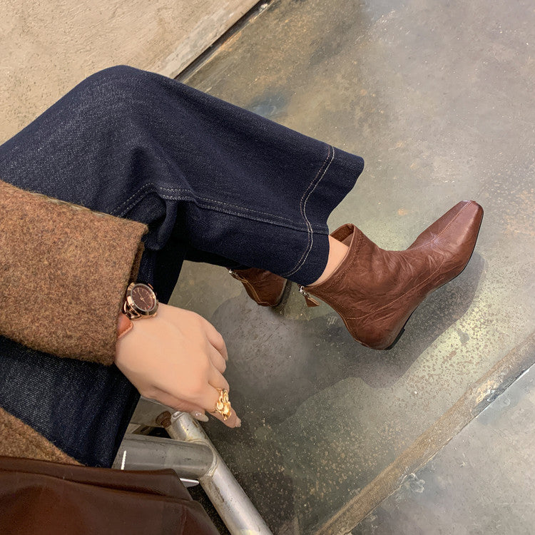Karin Luna In Stock Spot Goods Slim Series  Hidden Wedge Small Square Toe Back Zipper Short Boots
