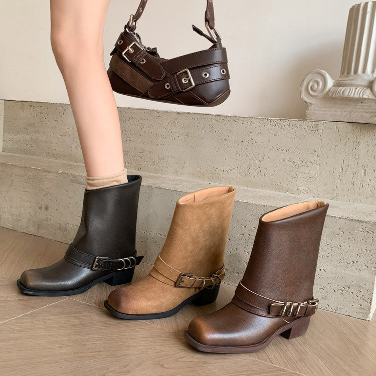 Karin Luna Elegant Style Square Toe Belt Buckle Pants Boot Short Boots
