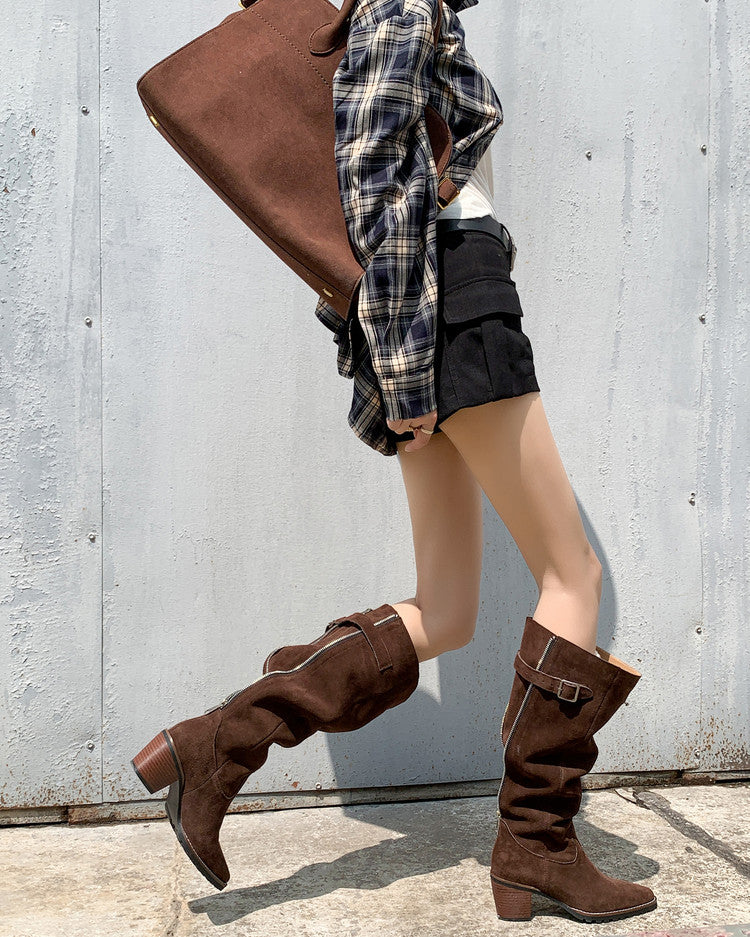 Karin Luna In Stock Spot Goods Retro Cowhide Leather Chunky Heel Suede Long Boots