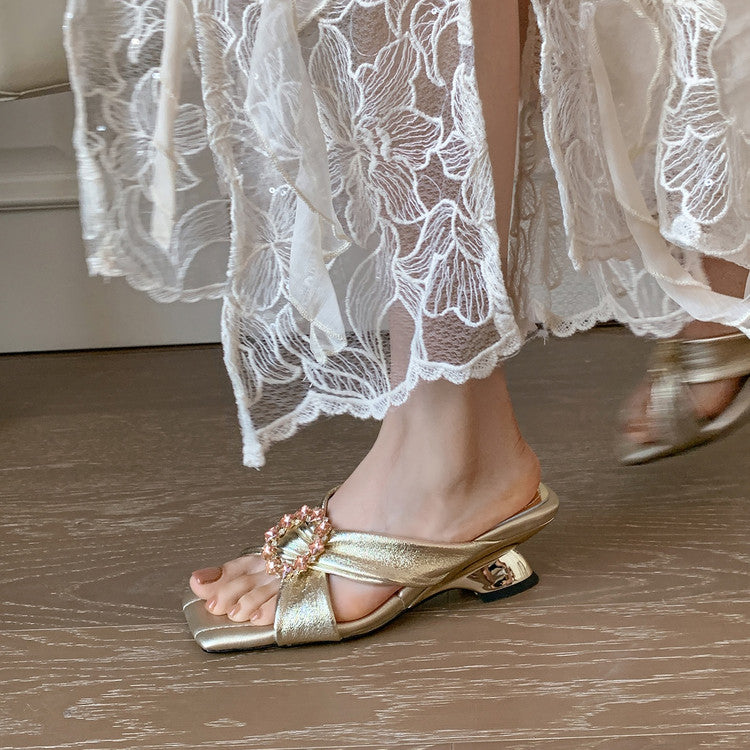 Karin Luna In Stock In Stock Elegant Square-Toe Cross-Strap Rhinestone Square-Toe Slippers