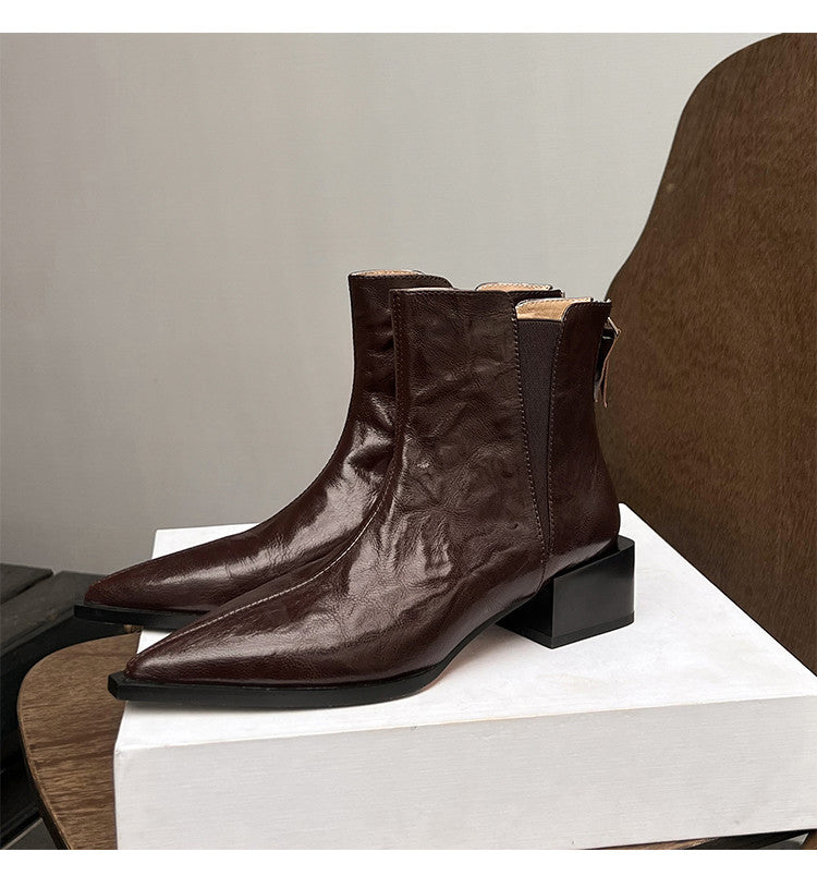 Karin Luna In Stock Spot Goods Elegant Stretch Fabric Patchwork Pointed Toe Chunky Heel Short Boots