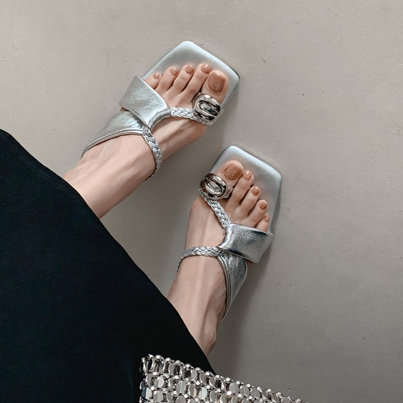 Karin Luna Braided Style ~Cross Strap Square Toe Irregular Heel Slippers