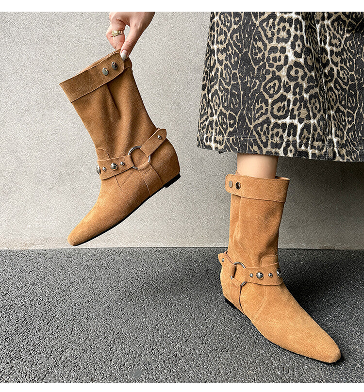 Karin Luna has prepared stock  Hot-Selling Retro Pointed Toe Wedge Metal Buckle High Tube Western Boots