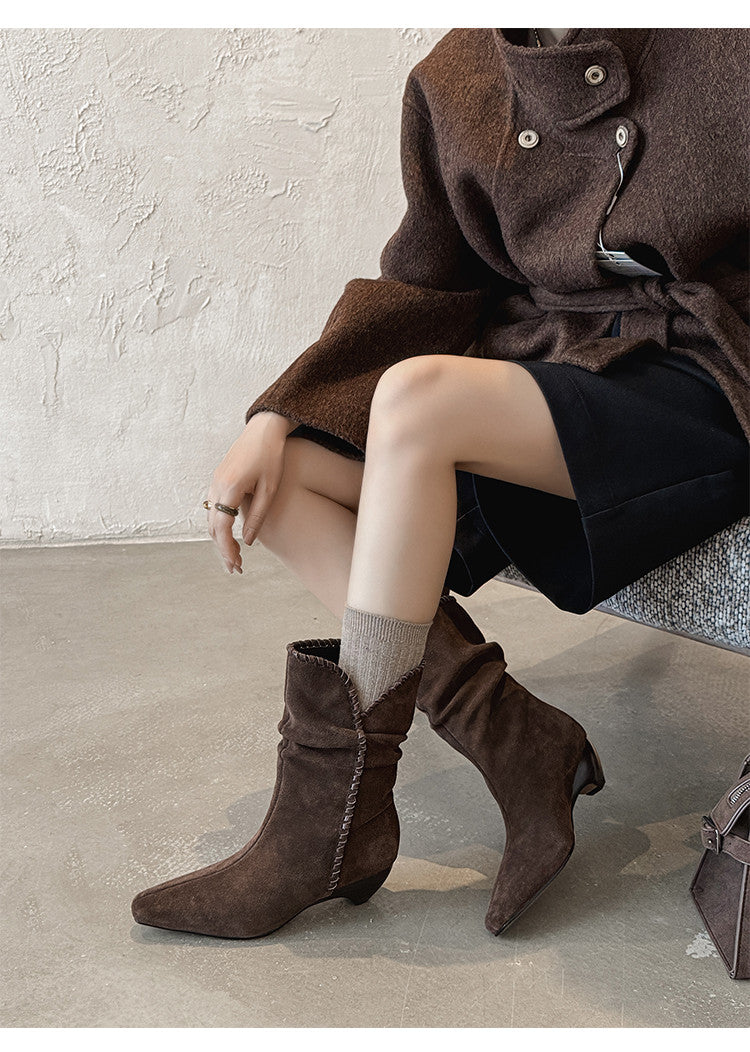 Karin Luna Elegant Style Small Square Toe Pleated Short Boots