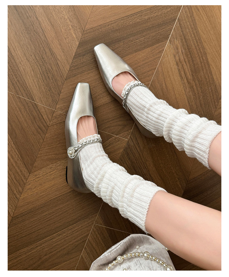 Karin Luna In Stock In Stock ~Metal One-Strap Pearl Small Square Toe Height-Increasing Flats