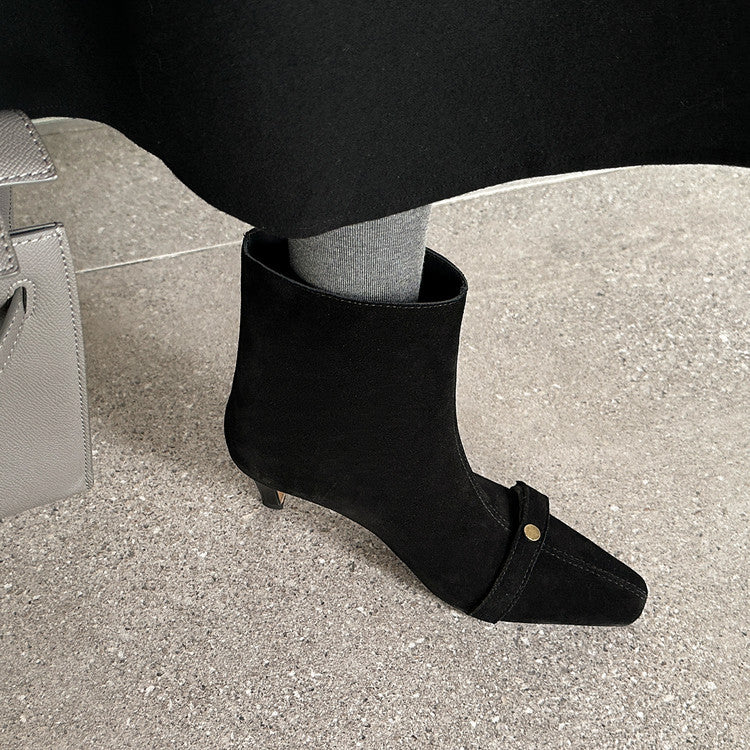 Karin Luna Elegant Style Small Square Toe Belt Buckle Thin Heel Short Boots