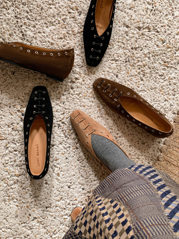 Karin Luna In Stock Spot Goods    Old Money Style Square Toe Suede Flats