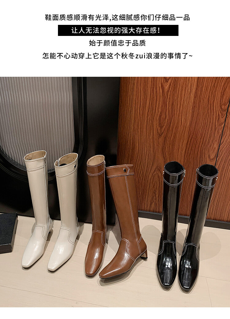 Karin Luna In Stock Spot Goods  Vintage Open Stitch Small Square Toe High Heel Side Zipper Riding Boots