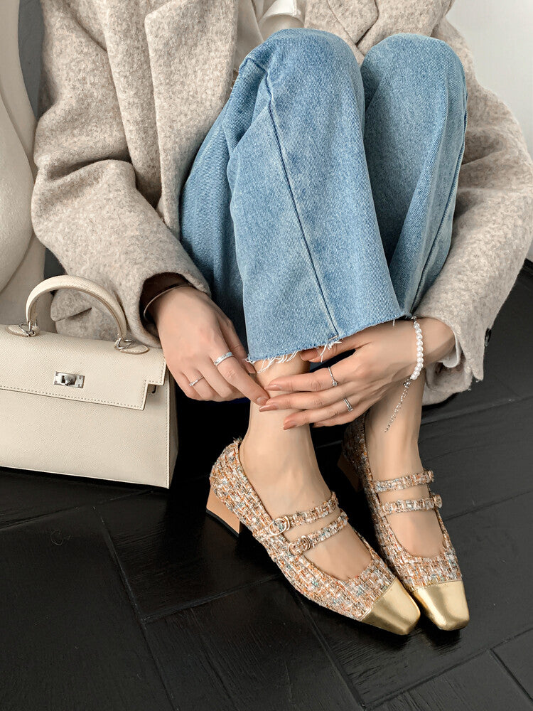 Karin Luna Classic Chanel Style~ Tweed Spring Limit Square Toe Chunky Heel Mary Jane Strap Single Shoes