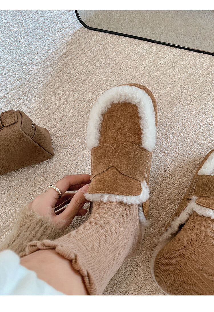 Karin Luna In Stock Look~This is such thick lamb wool Winter Atmosphere！Cowhide Leather Lamb Wool Round Toe Flat Sole Half Support！