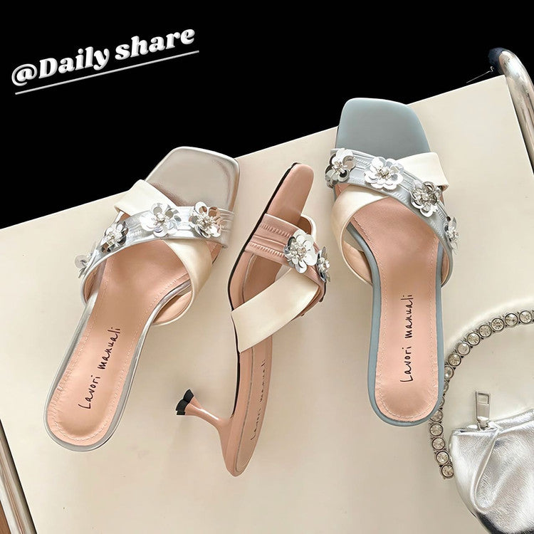 Karin Luna In Stock Spot Goods  Sequin Floral Cross Strap Square Toe Stiletto Slippers