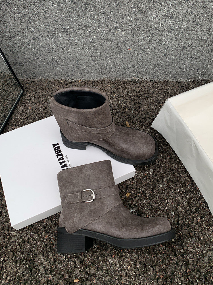 Karin Luna In Stock Spot Goods Versatile Basic Round Toe Belt Buckle Thick Sole Tube Boots