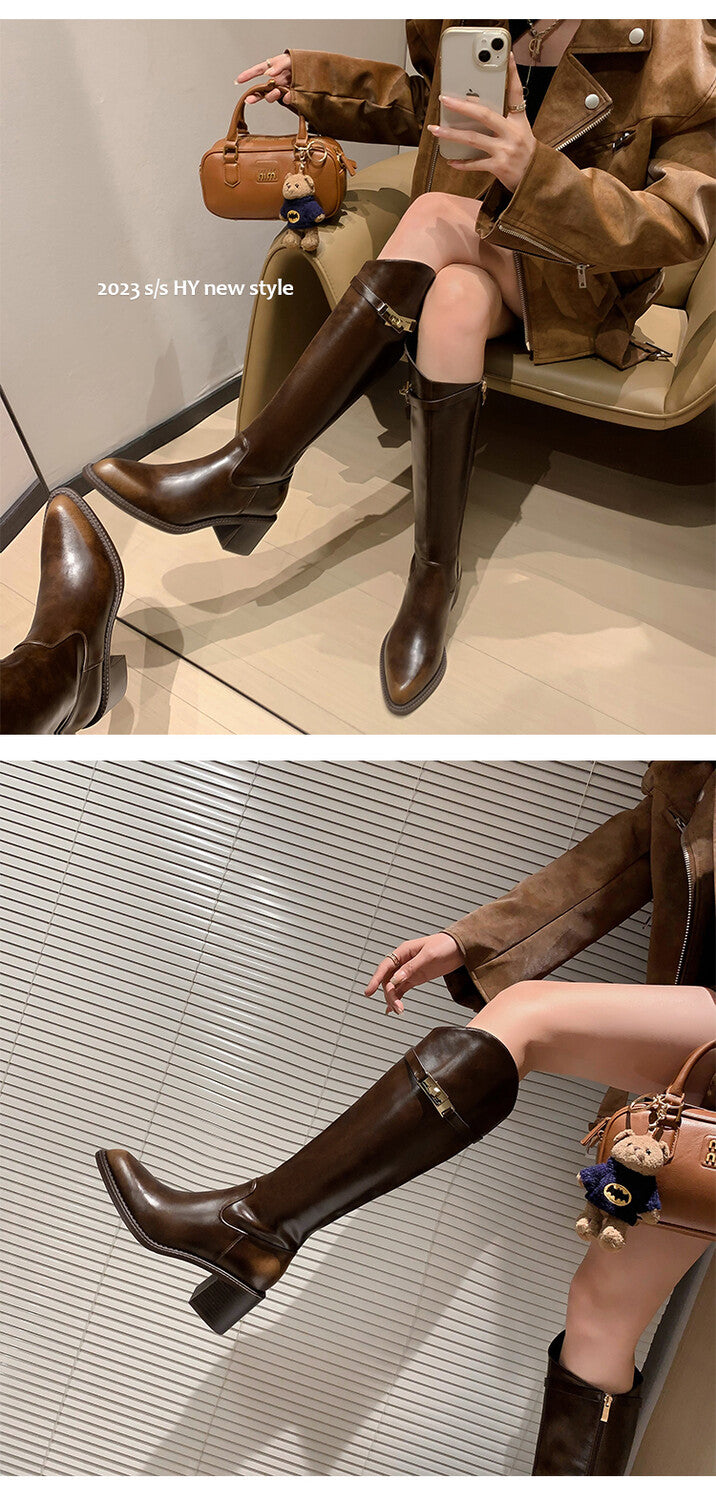 Karin Luna Hot-Selling Fasteners Sold as soon as listed Comes with data plan included Pointed Toe Chunky Heel Classic Full Cowhide Leather Riding Boots
