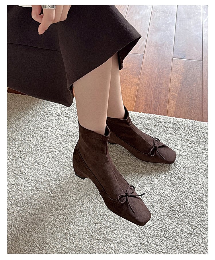 Karin Luna French Style Square Toe Bowknot Hidden Wedge Slim Boots