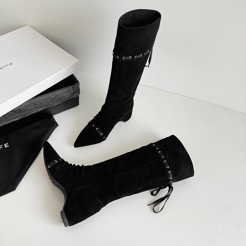 Karin Luna Elegant Style  Pointed Toe Pleated Hidden Wedge Western Boots